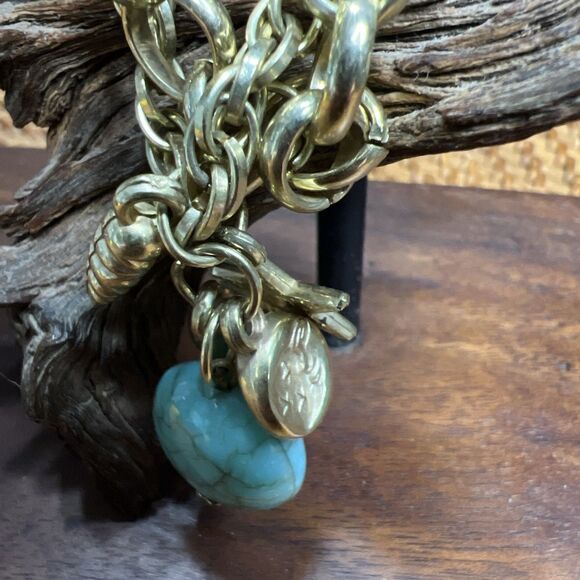 Link CharmBracelet Boho Chunky Heart Gold Tone, Moon Star Turquoise Like Charm - Picture 2 of 5